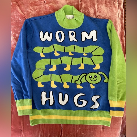 Blue and Green Worm Hugs Turtleneck Sweater, XS - Picture 2 of 6